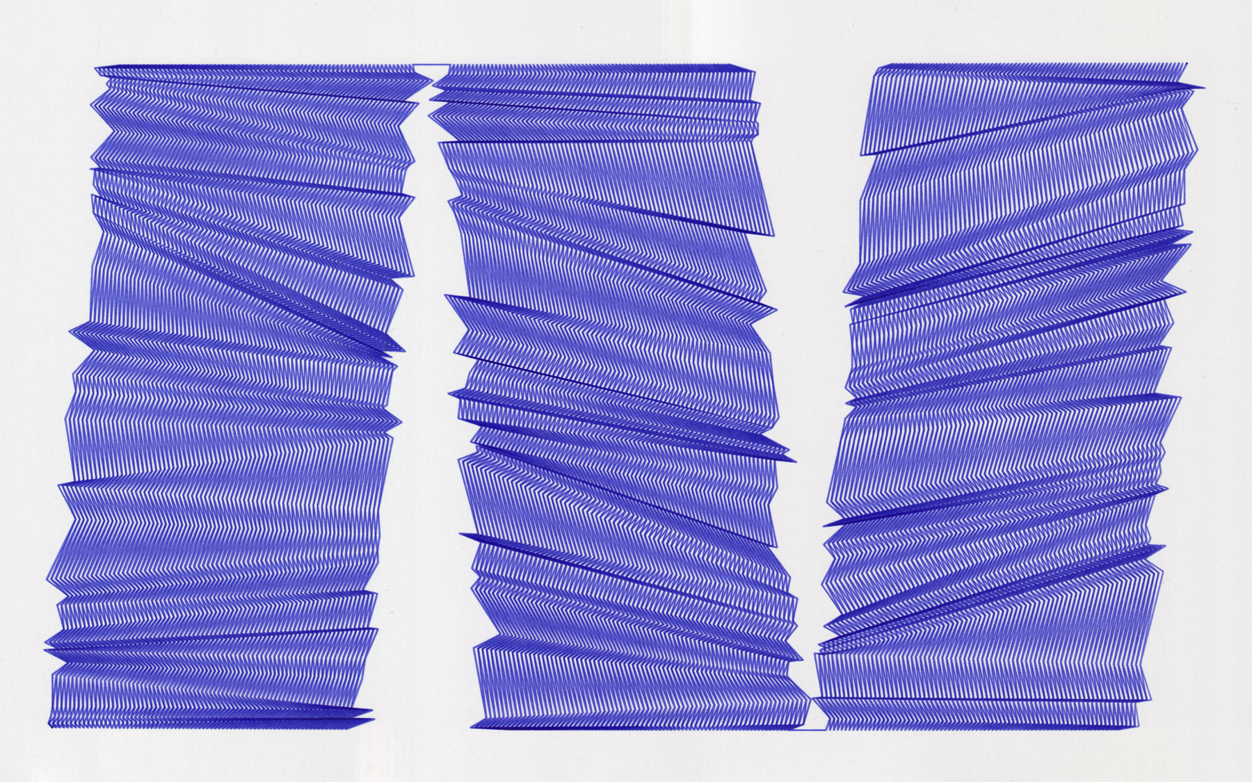 a purple ink pen plotter drawing. three blocks of dense folding triangles are tilted forward and back