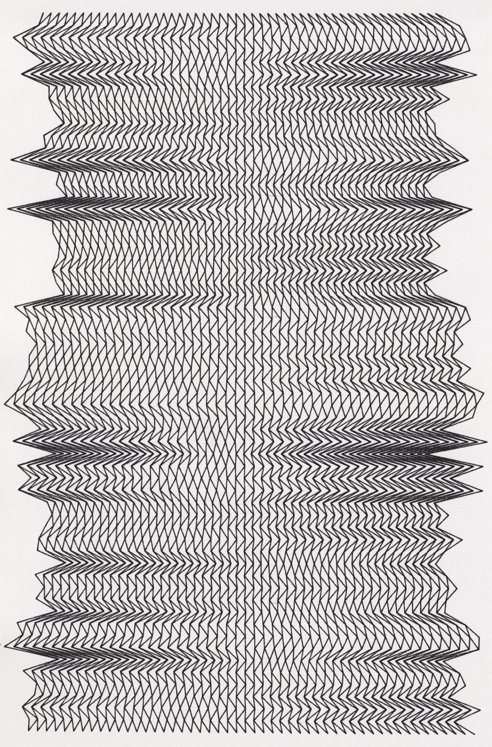 black ink drawing made by a pen plotter. stacked zigzagging lines contract and expand along the vertical axis