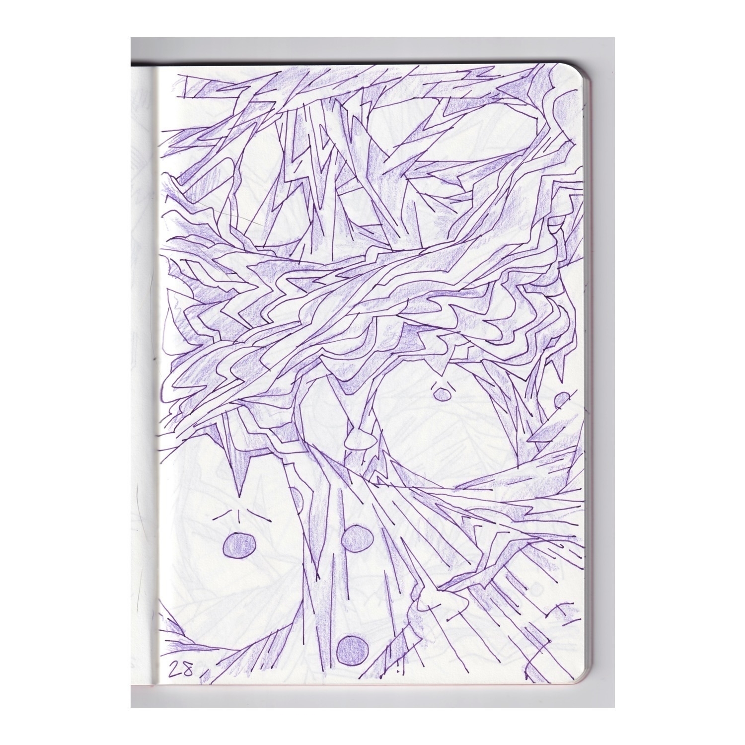 purple ink-and-pencil drawing of flowing, bridging, and dripping forms