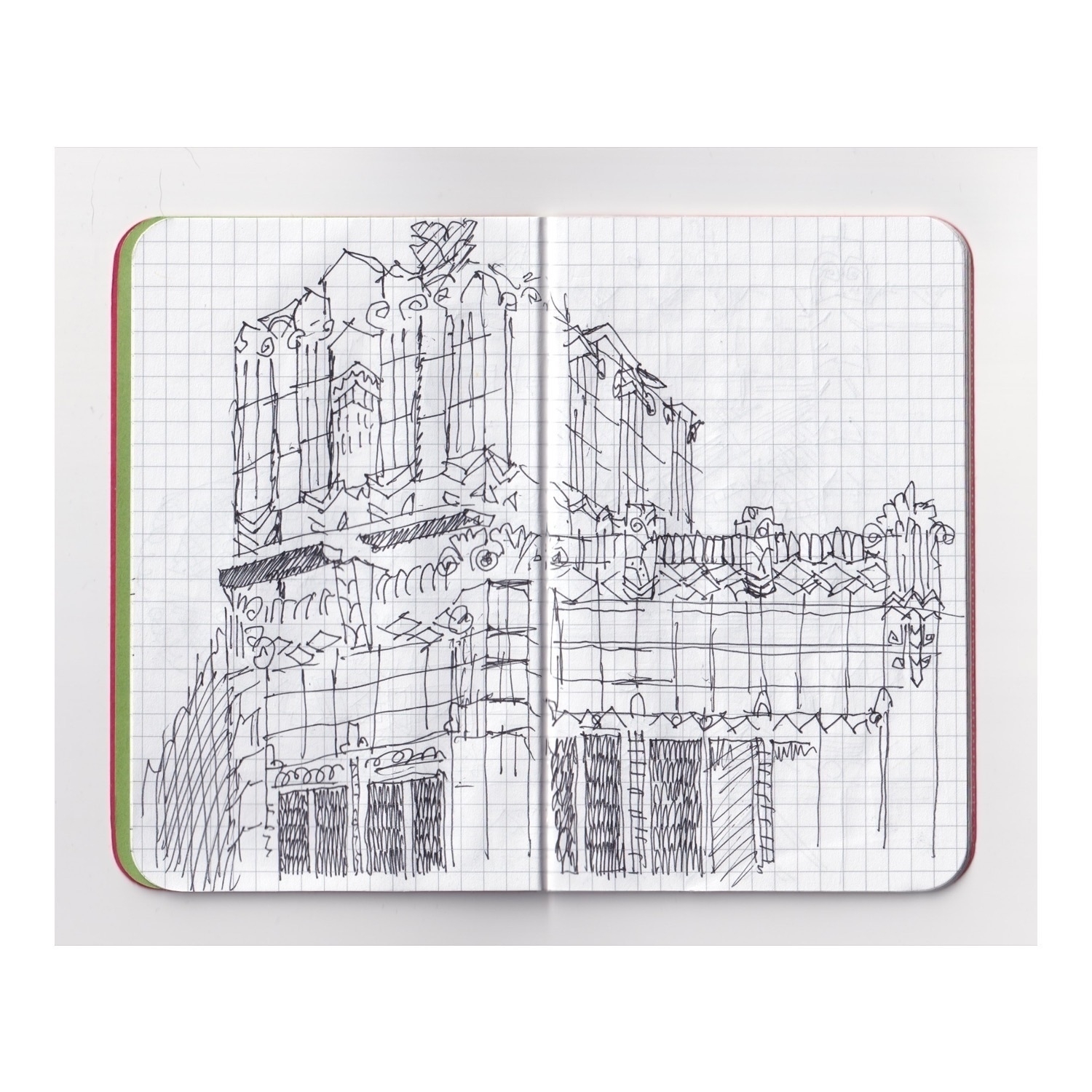 pen sketchbook drawing of an art deco building