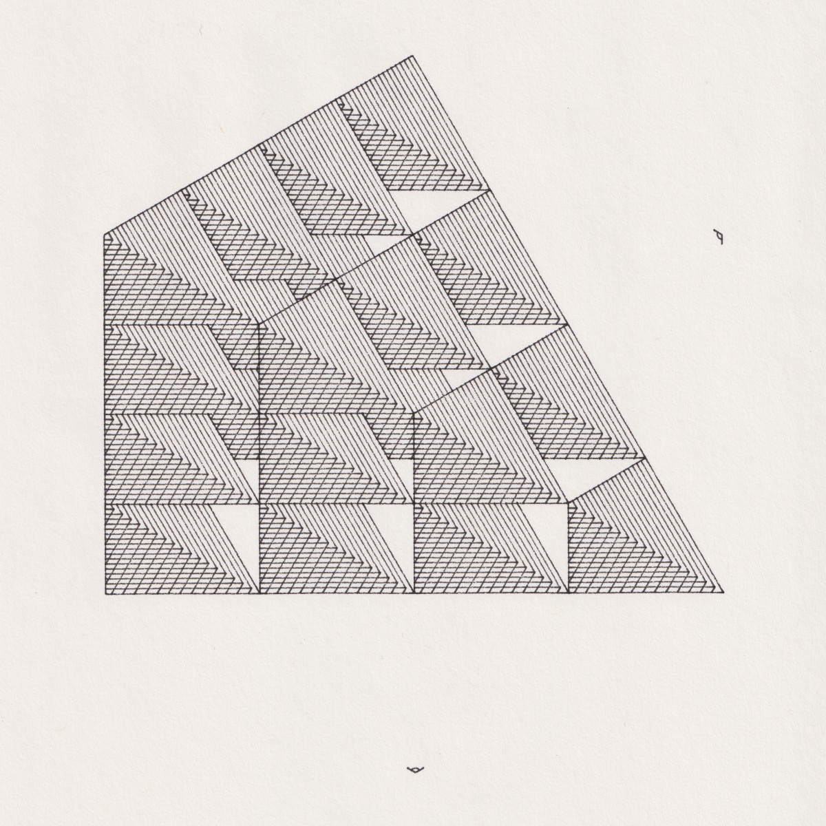 black hatched ink drawing of stacked triangular pyramids